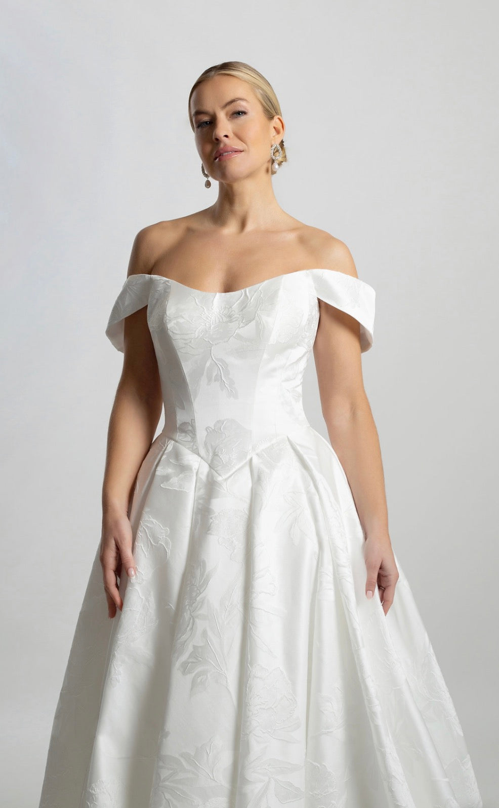 Off-the-Shoulder Pleated Basque Tea Length Wedding Dress | ws-odette (tea)