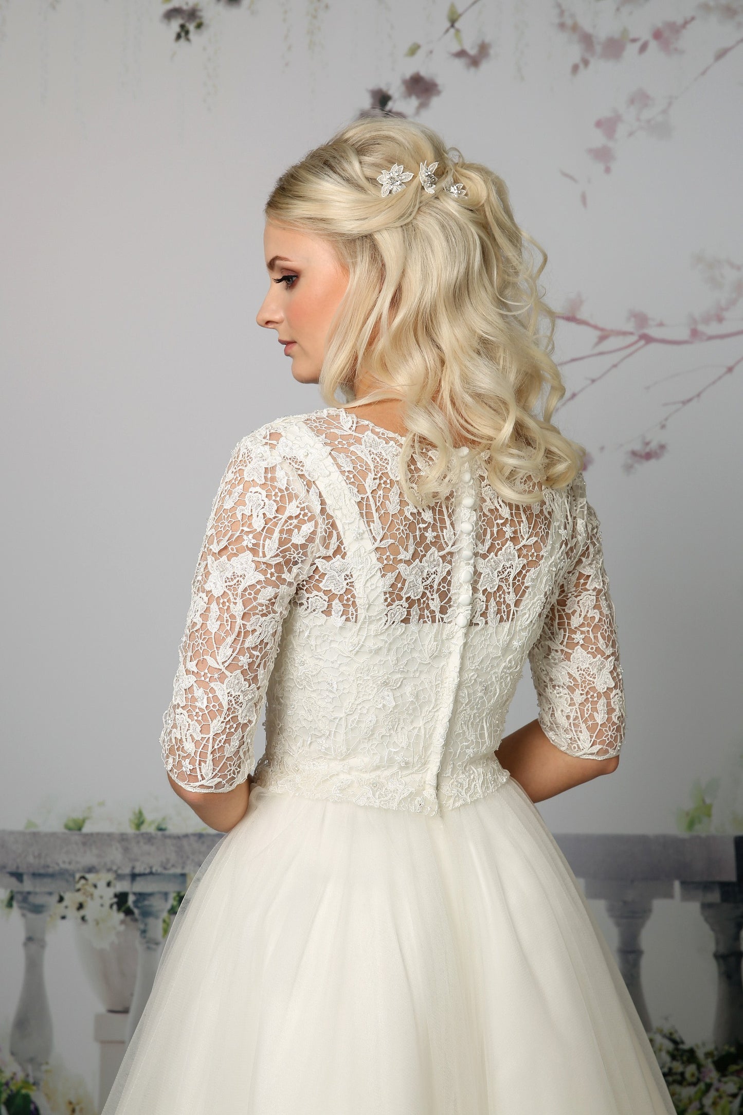 EB-Louise tea-length tulle gown with sweetheart neckline & 3/4 length sleeves
