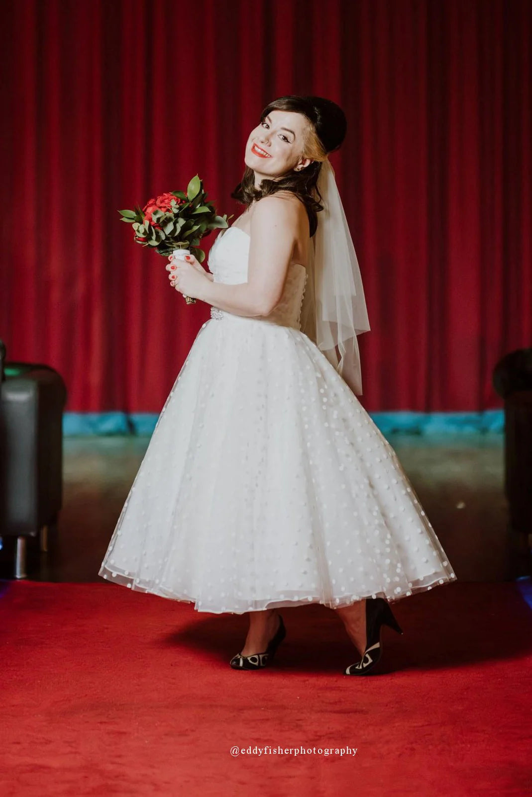 Real Bride - Tea Length Spotted Wedding Dress