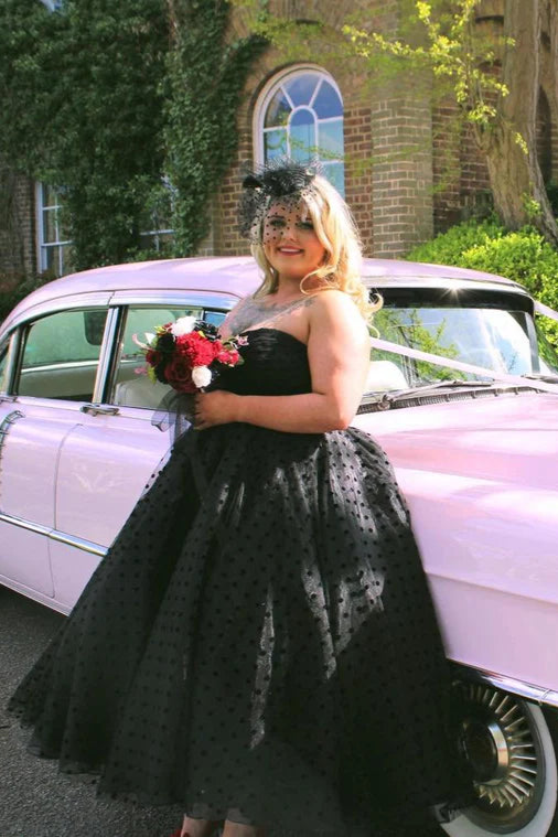 Real Bride - Black Spotted Tea Length Wedding Dress