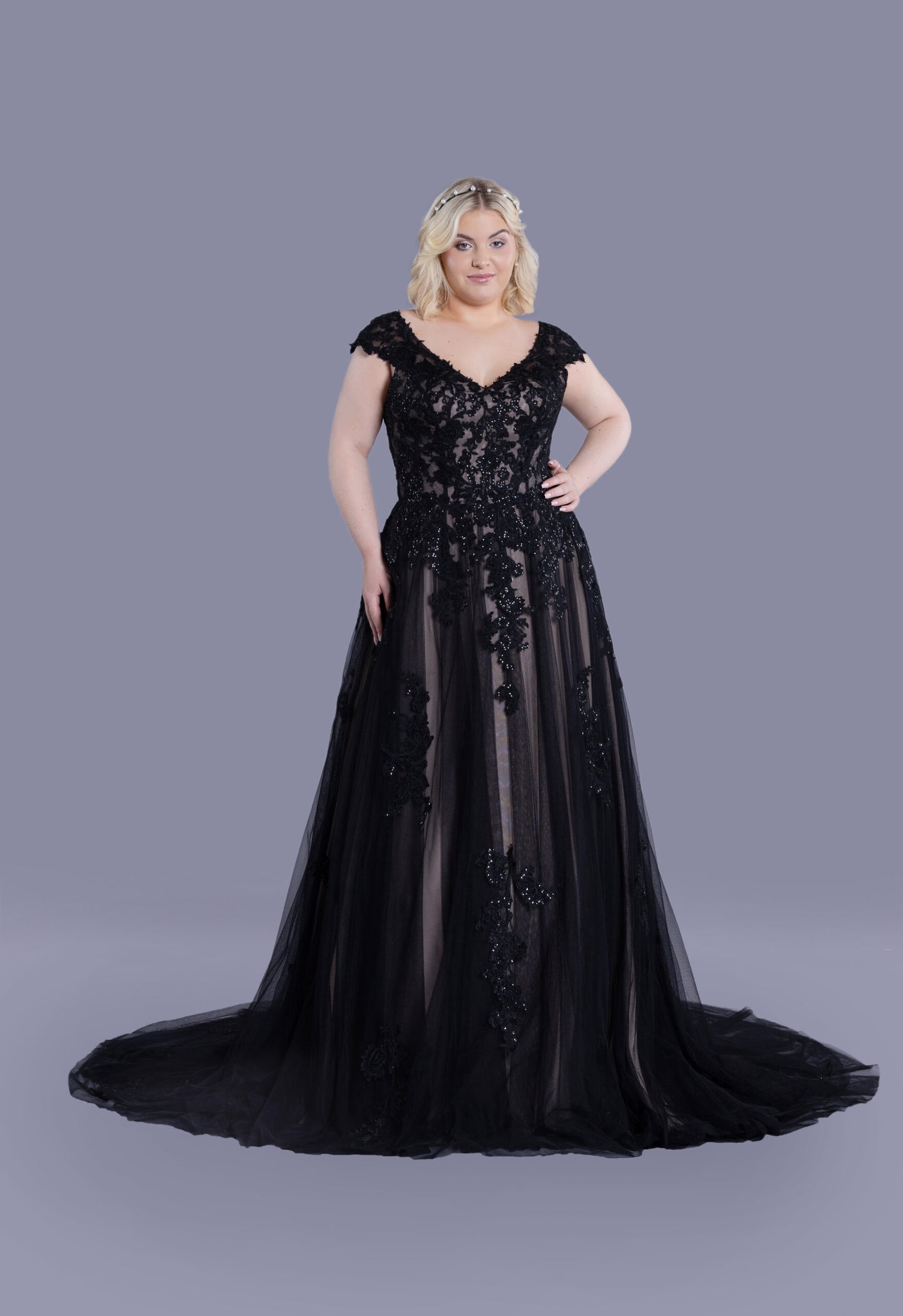 The Branwen is a beaded lace V neckline A-line wedding dress.