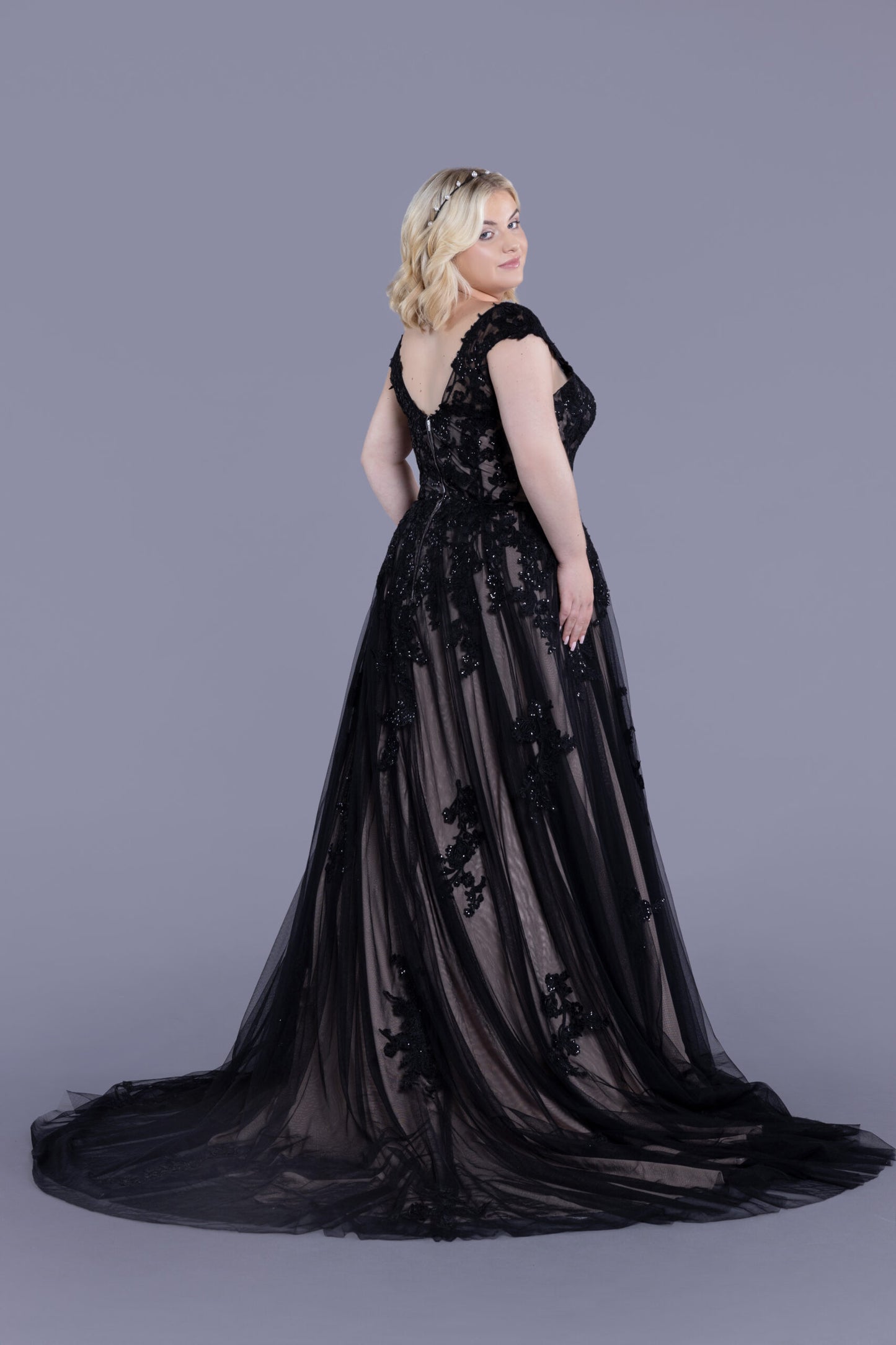 A side view of the Branwen bridal gown