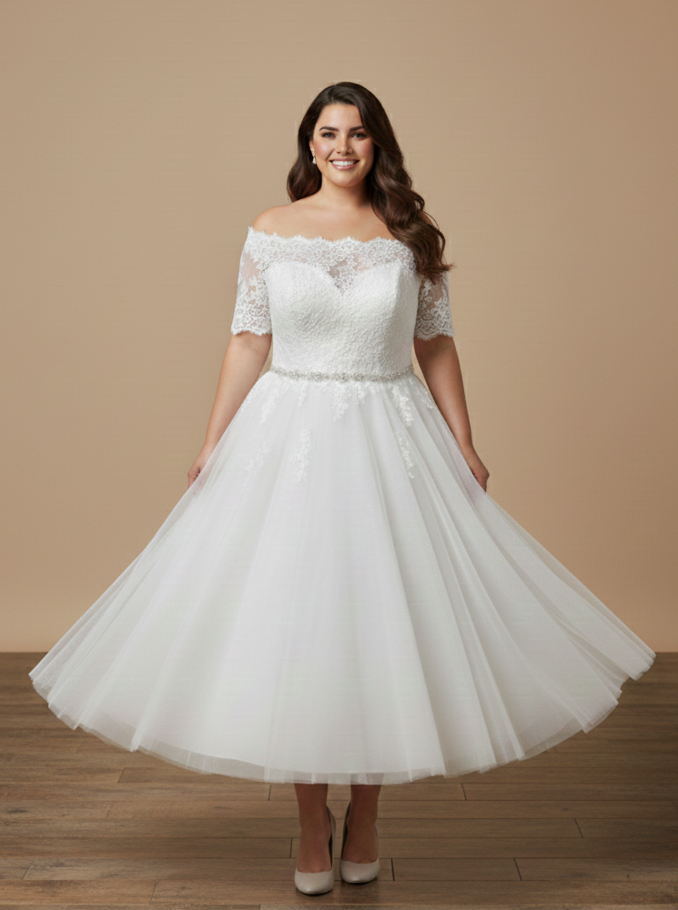 86-Majorie Timeless Lace Bodice & Tulle Skirt Tea Length Wedding Dress