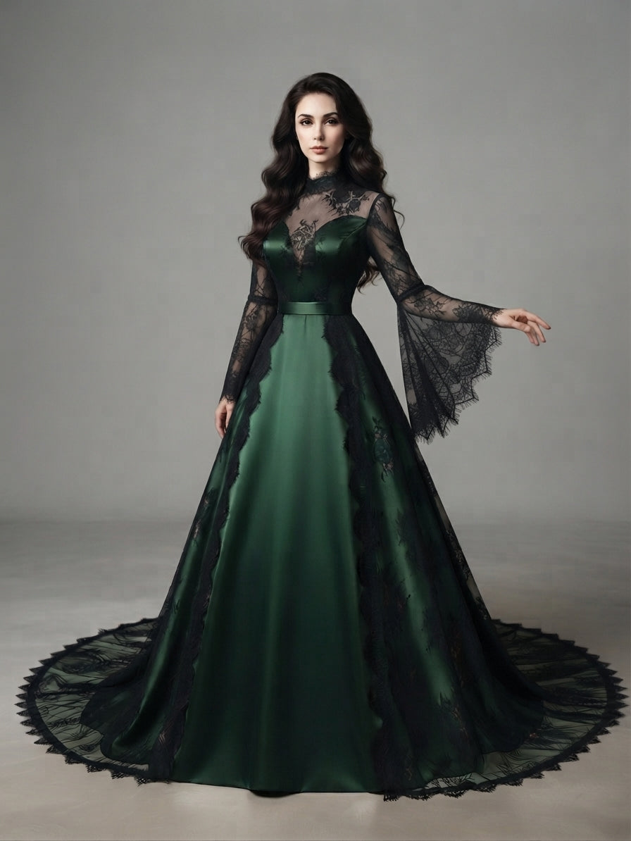 Wren – Vintage Lace Gothic Ball Gown With Bell Sleeves