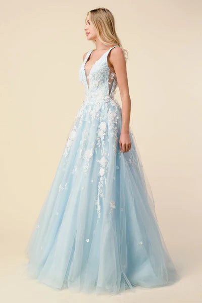 Floral Appliqué Tulle A-Line Gown with Plunging Neckline al-Gardenia
