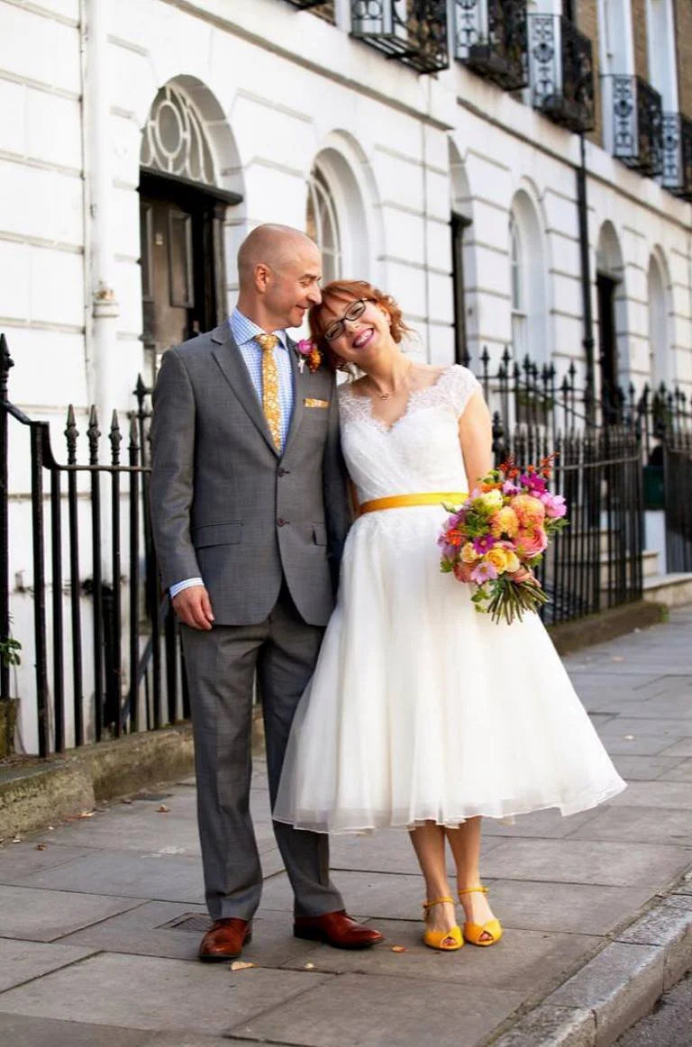 Real Bride - Tea Length Wedding Dress with Yellow detailing