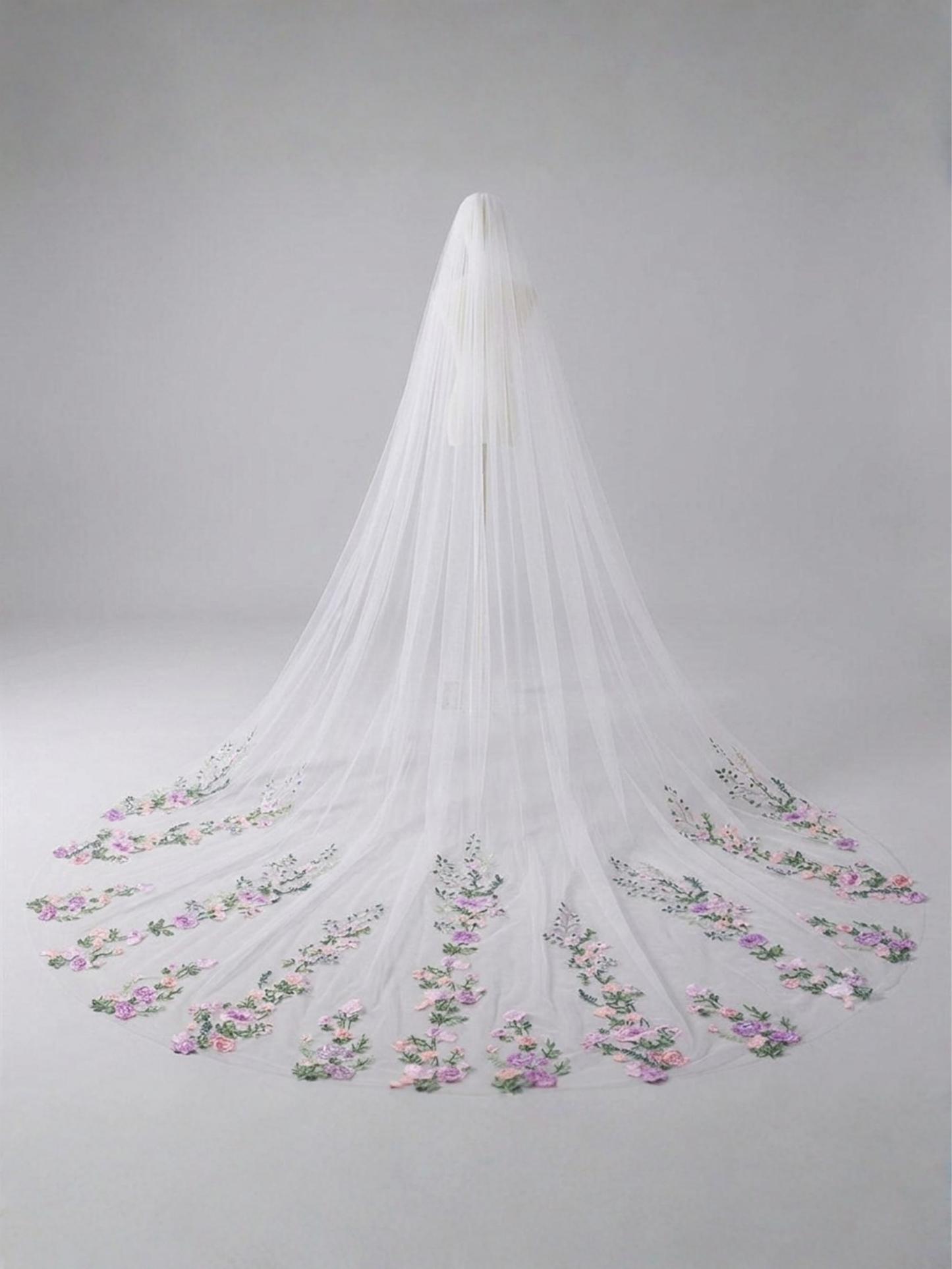 The Wildflower Garden Veil – Floral Embroidered Cathedral Wedding Veil with Purple & Green Details