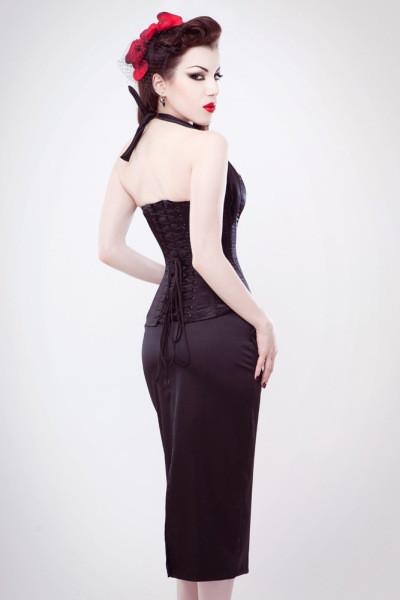 Long line straight top steel boned overbust corset with matching halter ties teamed with tight fit skirt