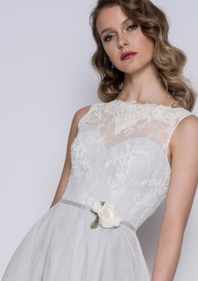 Bodice of the Esme full length Boho floaty skirt wedding dress
