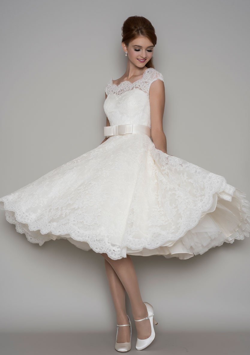 86-Florrie - Corded lace tea length wedding dress with a cap sleeve