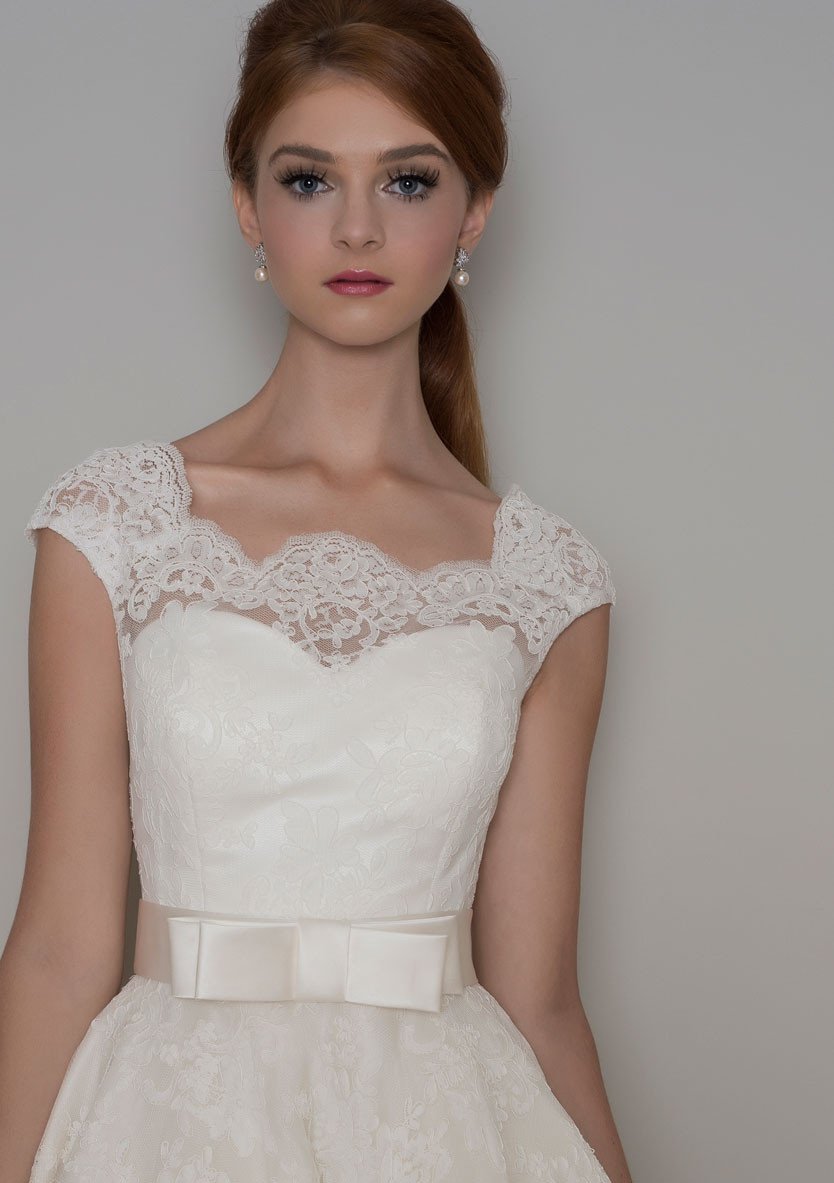 86-Florrie - Corded lace tea length wedding dress with a cap sleeve