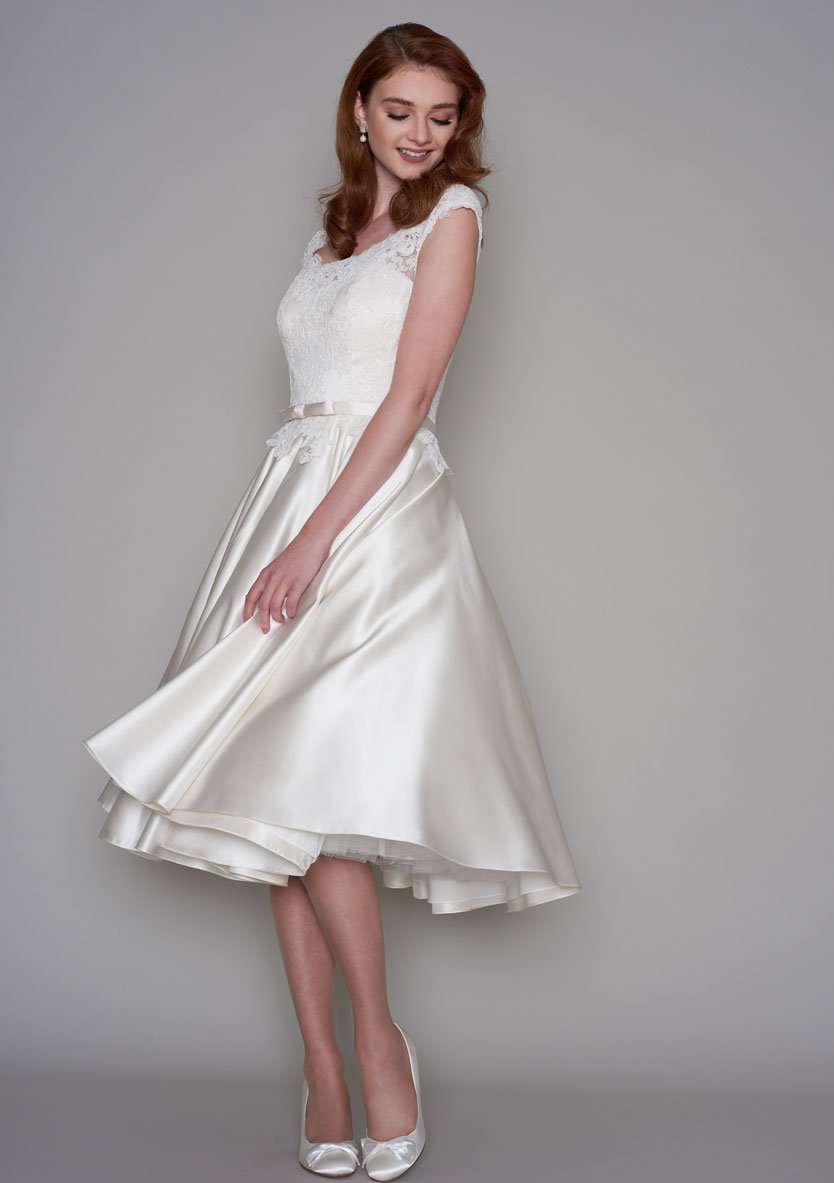 86-iris Tea Length vintage inspired lace bodice and full circular satin skirt wedding dress