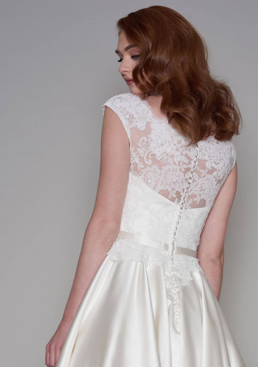 86-iris Tea Length vintage inspired lace bodice and full circular satin skirt wedding dress