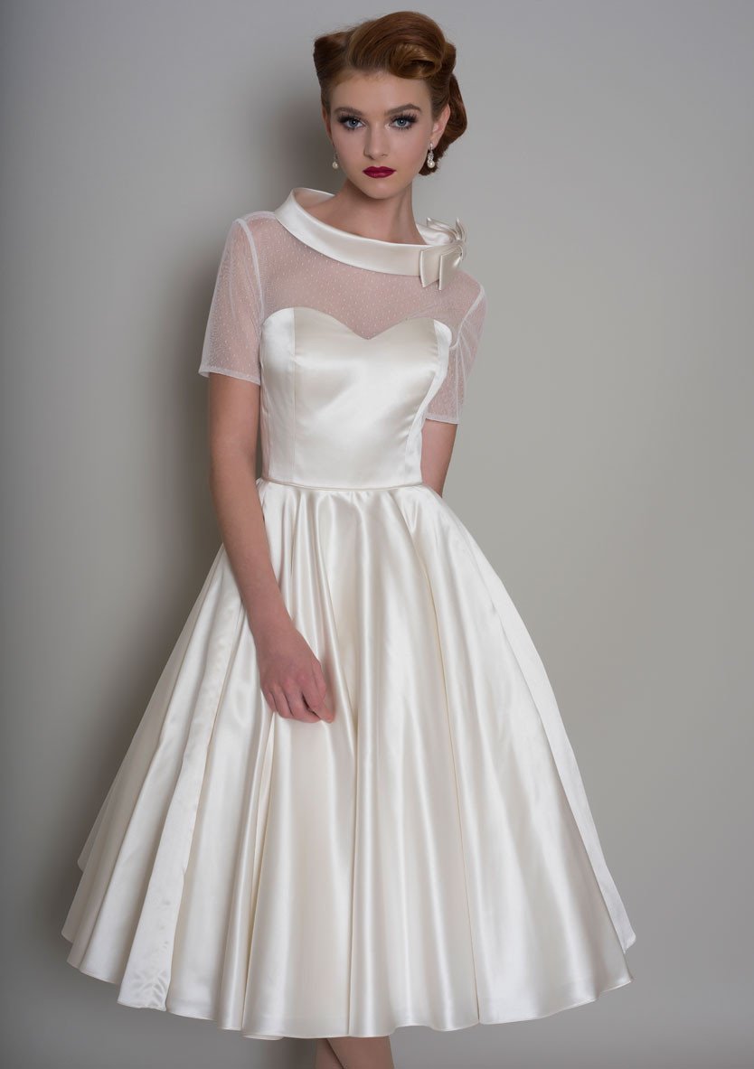 86-Hattie - Vintage inspired tea length satin wedding dress