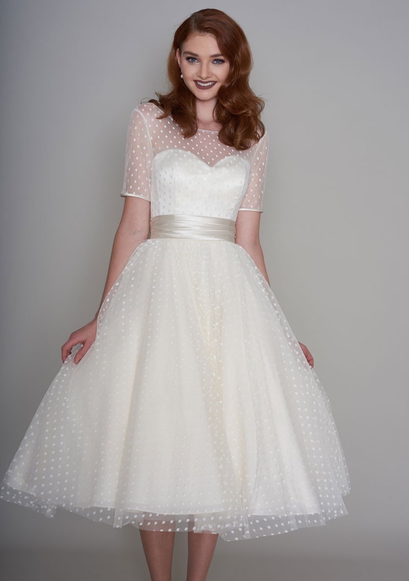 dotty tea length wedding dress
