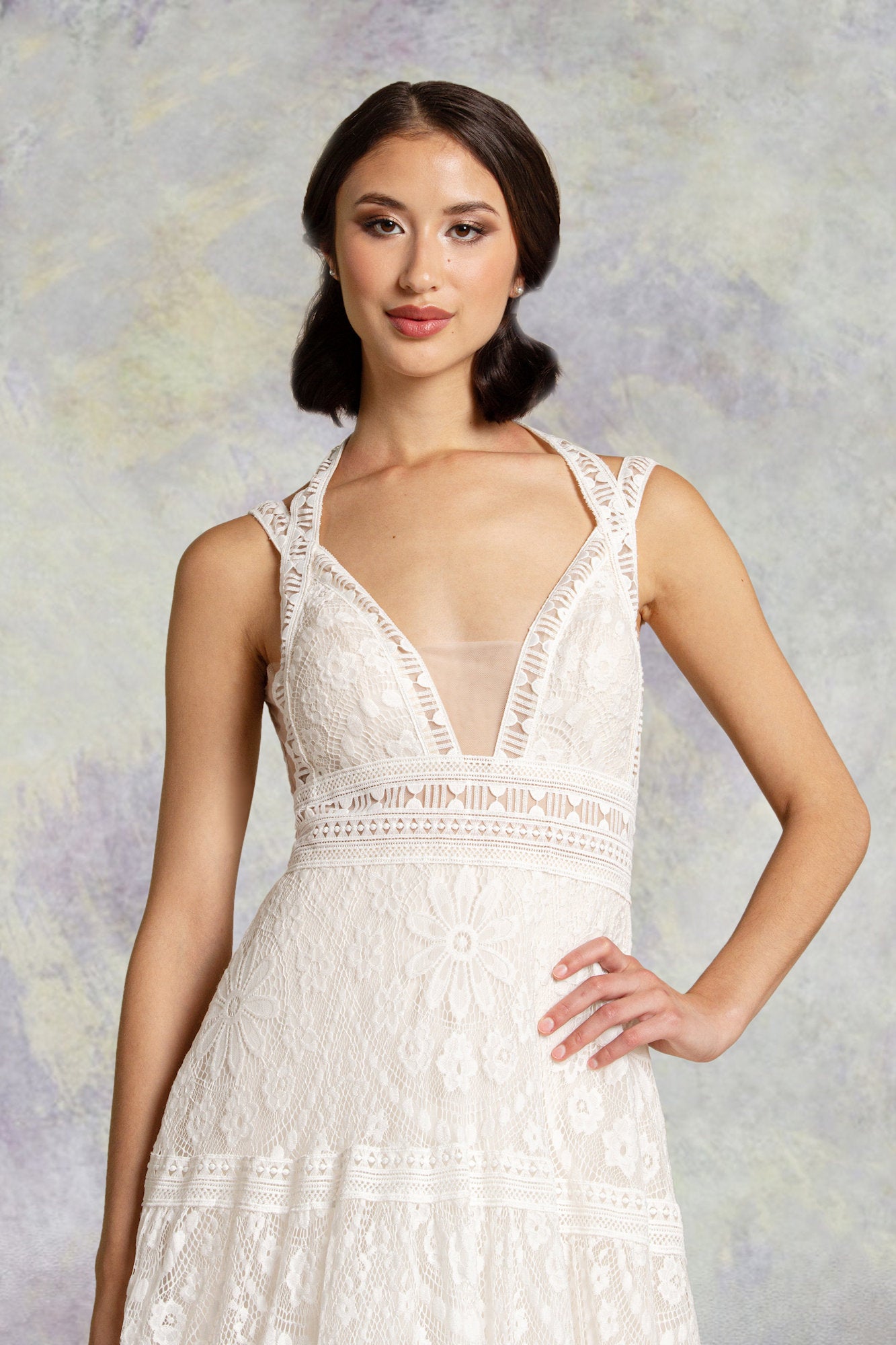 Close-up of the bodice of the Whitney A-line wedding gown 86-whitney