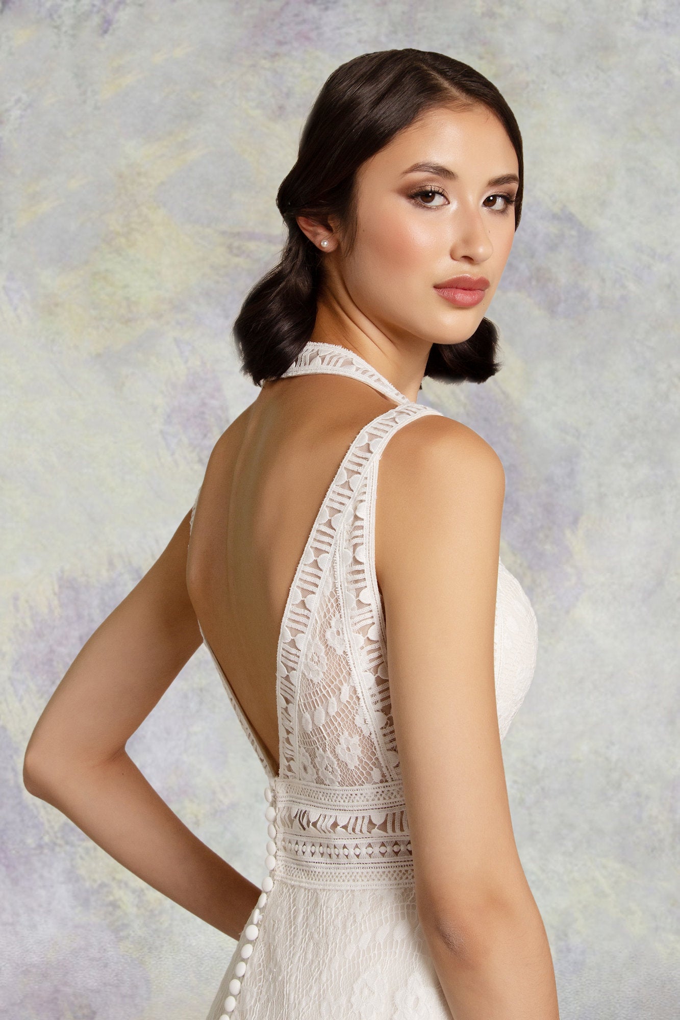 Close of back of the Whitney A-line gypsy style lace Boho wedding gown 86-whitney