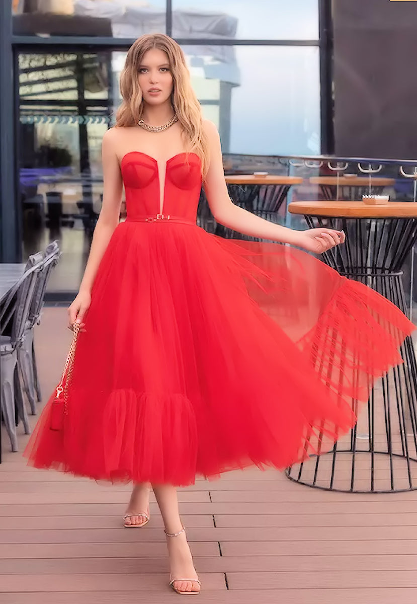 Luxury soft red tulle tea length wedding dress - om-carmine FairyGothMother Luxury soft red tulle tea length wedding dress - om-carmine FairyGothMother