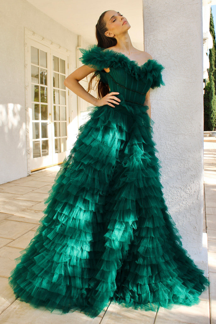 The spectacular red-carpet style Betsy ruffle wedding gown in Emerald | al-betsyemerald