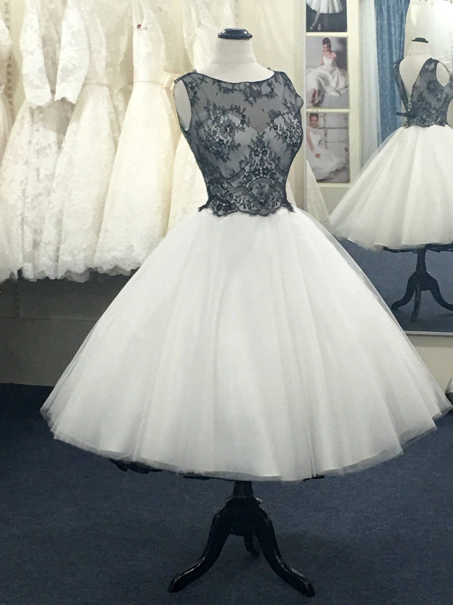wr-dulcie-dulcie Classic Fifties styling in a tea length wedding dress