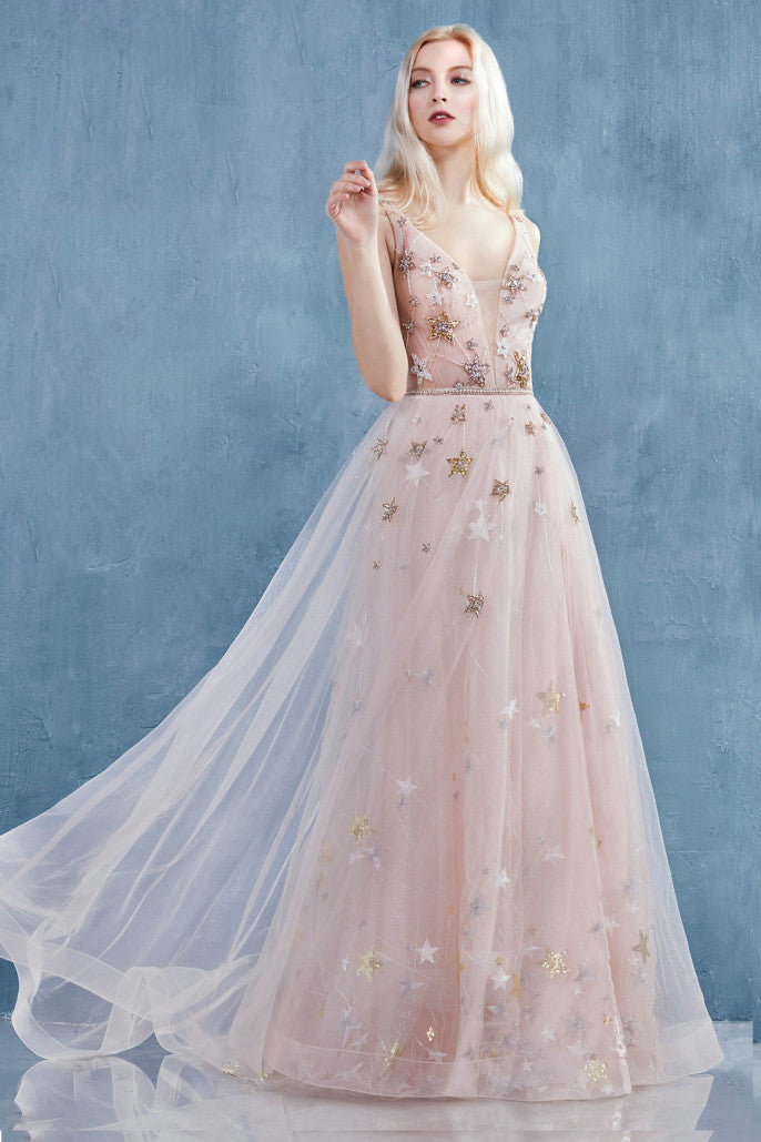 The Gabrielle starry, beaded V-neck tulle A-line wedding gown with leg slit al-gabrielle