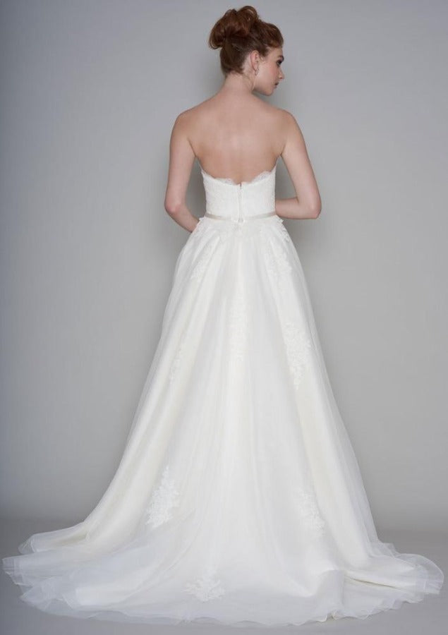 Full length tulle floaty Boho bridal dress with lace bodice, trimmed with silk organza roses. hangs beautifully from behind