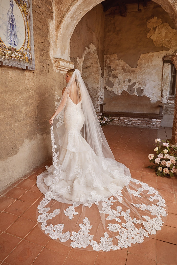 Back of the full length Andrea fit and flare wedding dress