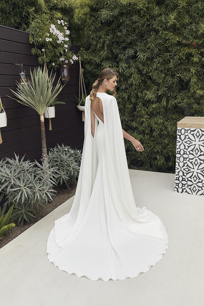The full train of the Portia wedding dress with optional cape ca-portia