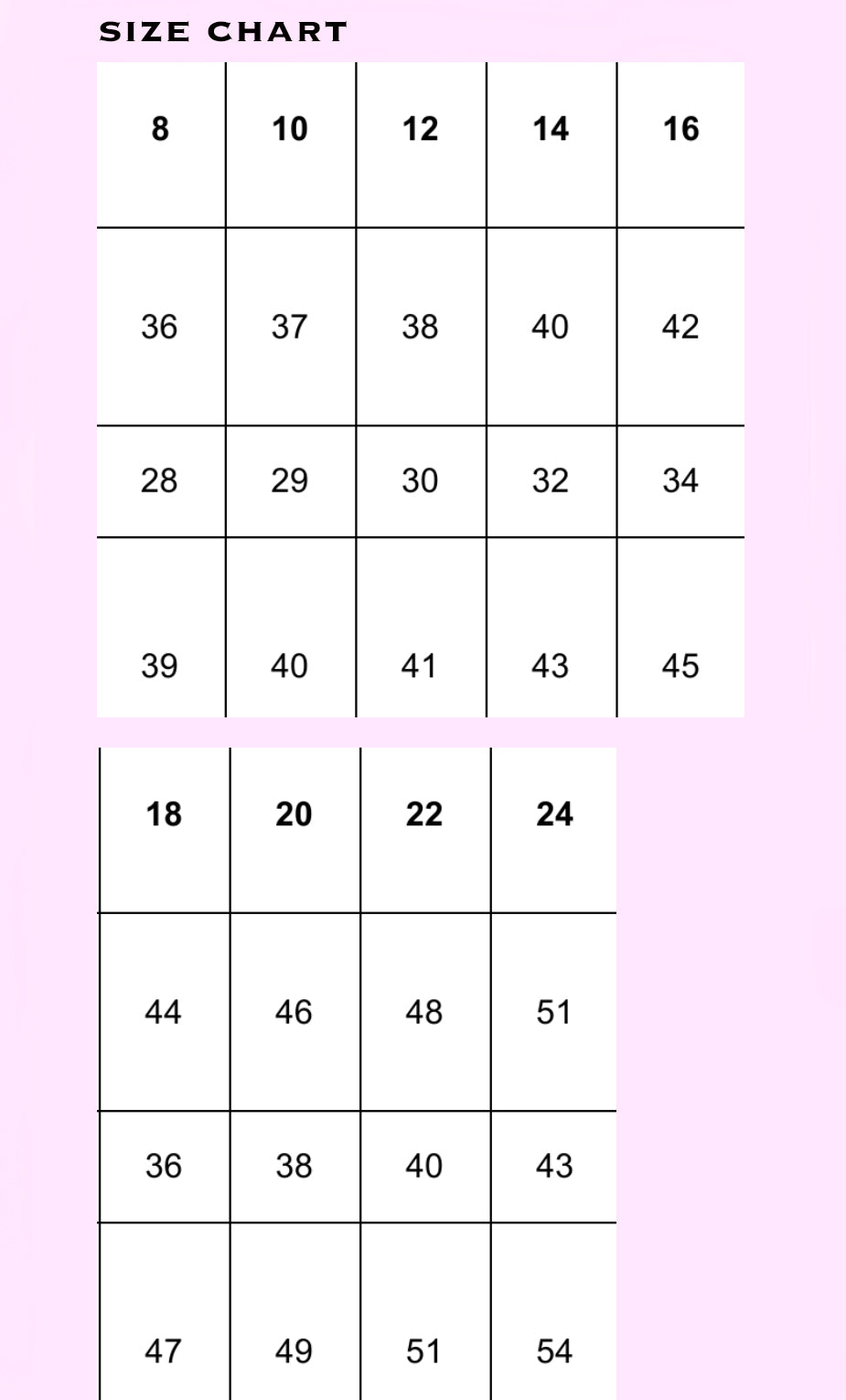 The Cara sizing chart