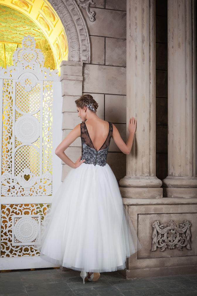 Rear of Fifties style tea length wedding dress