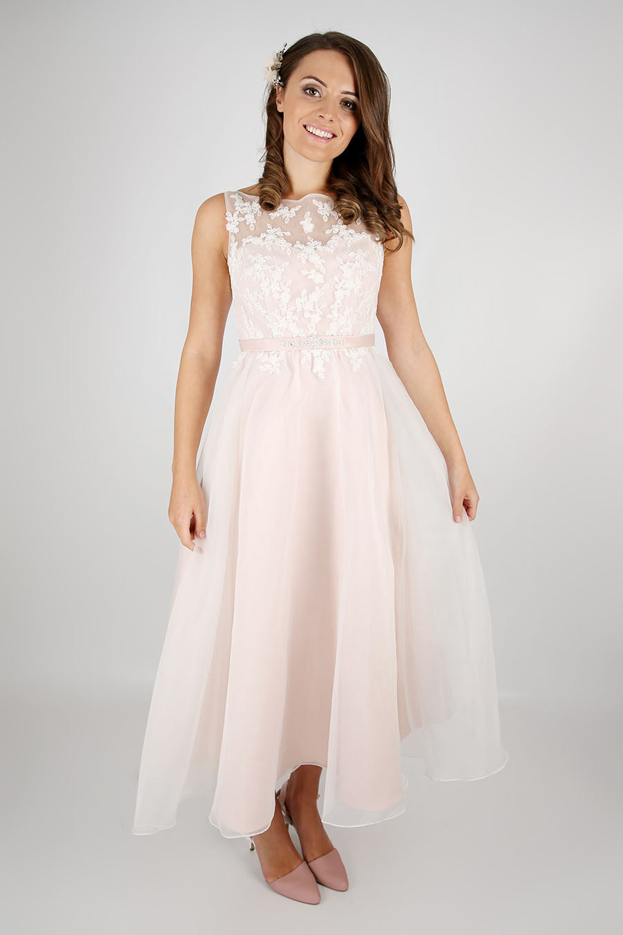The Luna tea length wedding dress shown in rose