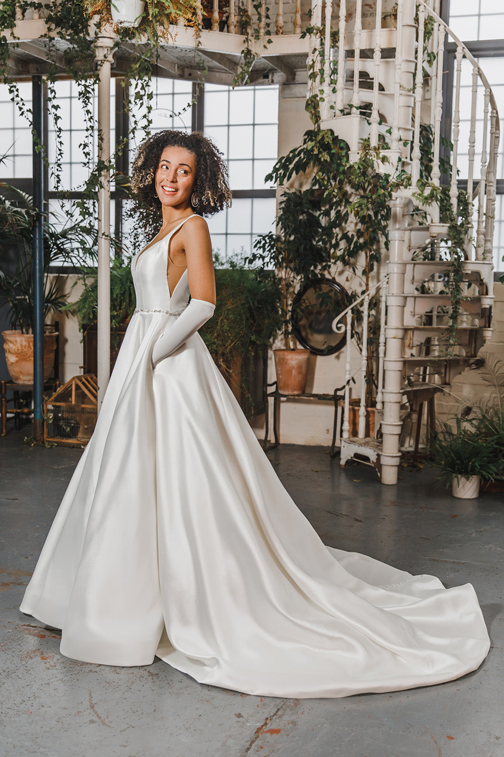 The wide train of the Heloise Mikado wedding gown