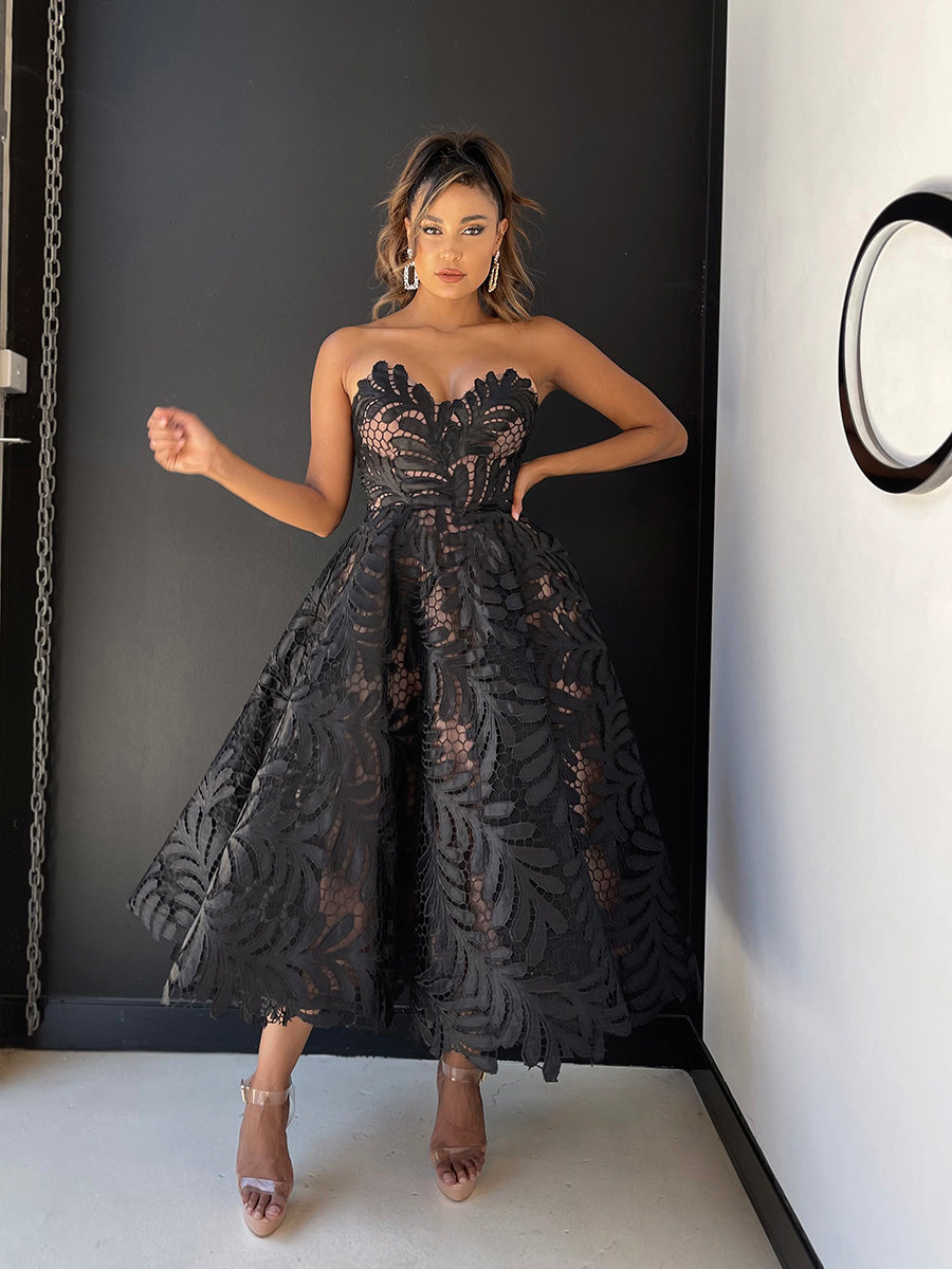 Modern tea length wedding dress in fashionable black leaf lace