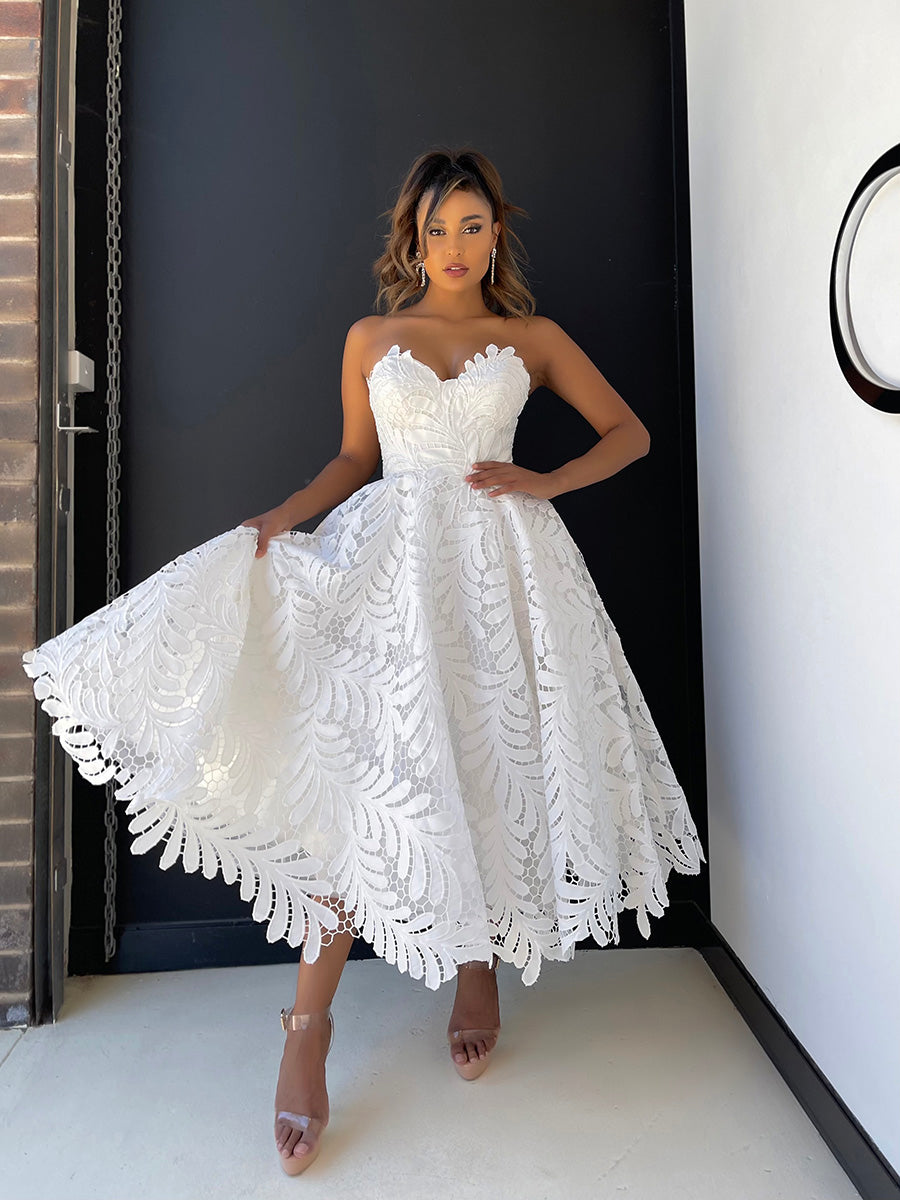 Modern tea length wedding dress in fashionable leaf lace in ivory
