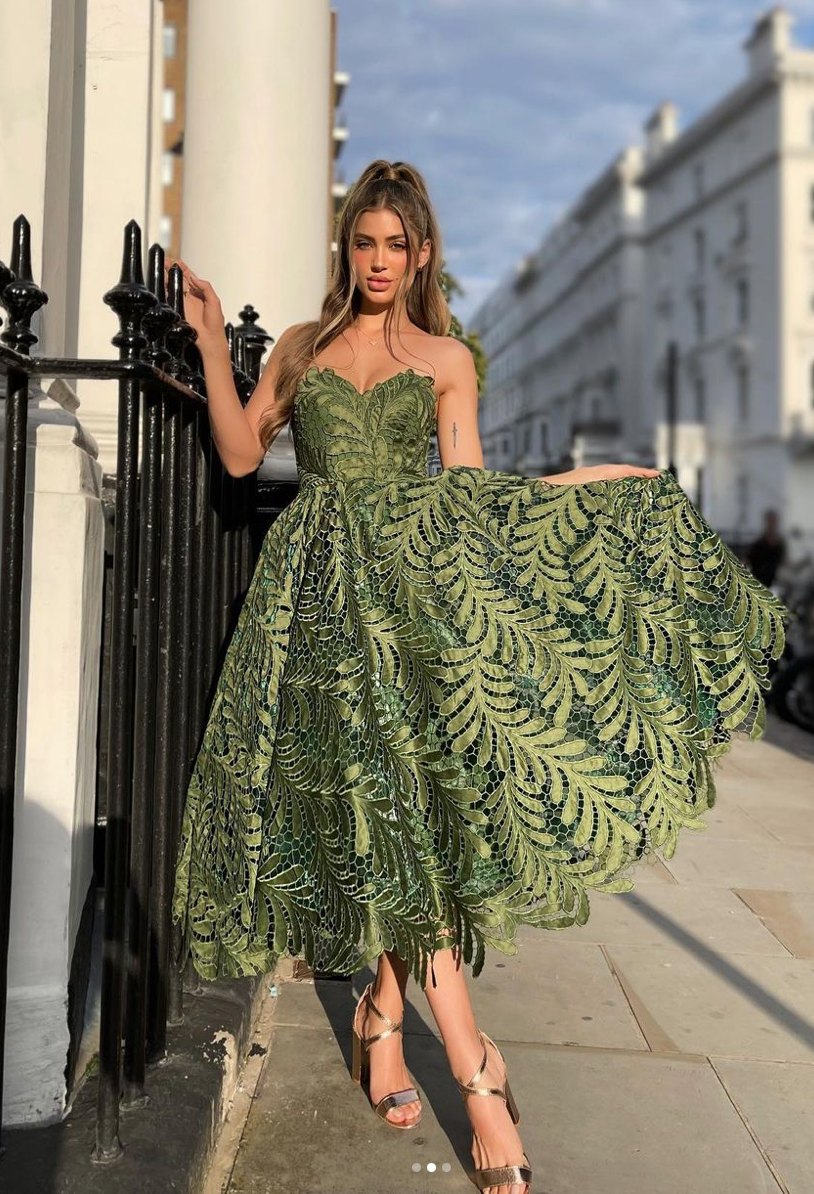 Modern tea length wedding dress in fashionable leaf lace ja-mia