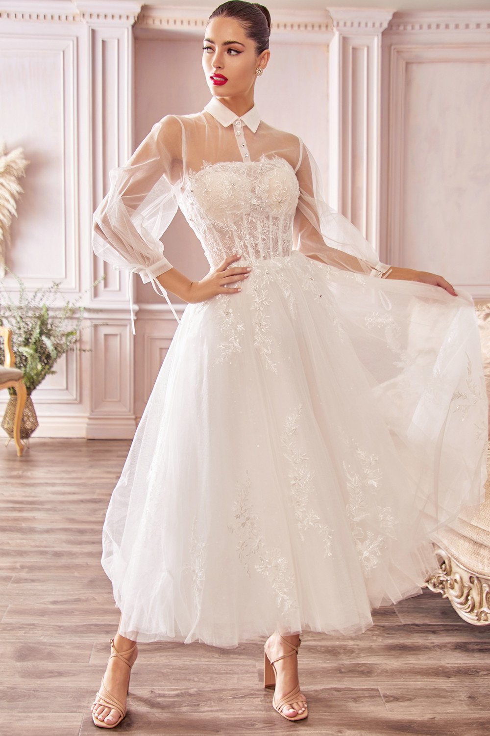 Long sleeve high colour tea length wedding gown - al-lucinda FairyGothMother Long sleeve high colour tea length wedding gown - al-lucinda FairyGothMother