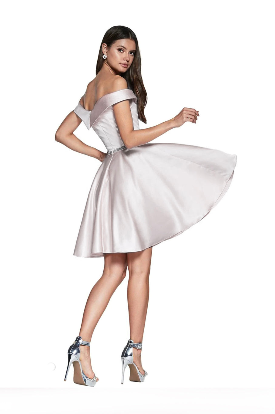 Back of the Maya off-white short satin off-the-shoulder wedding or bridesmaid dress.