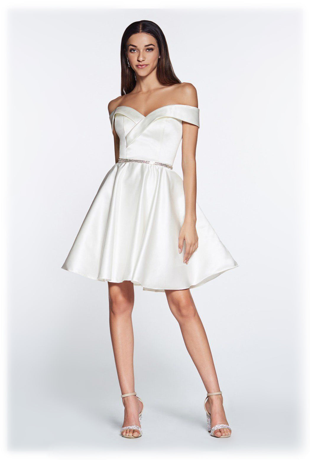 The Maya off-white short satin off-the-shoulder wedding or bridesmaid dress.