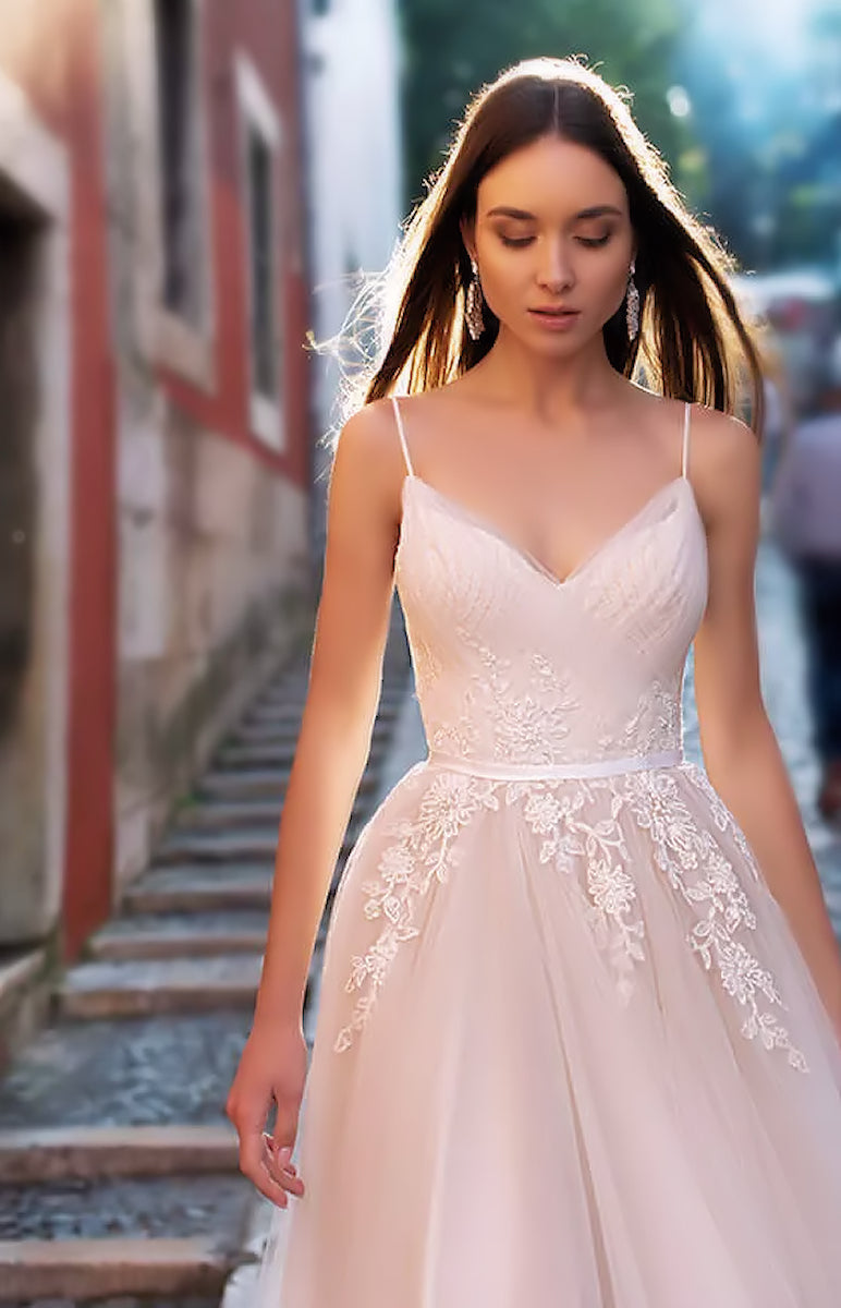 Bodice closeup of the Amal Boho wedding dress