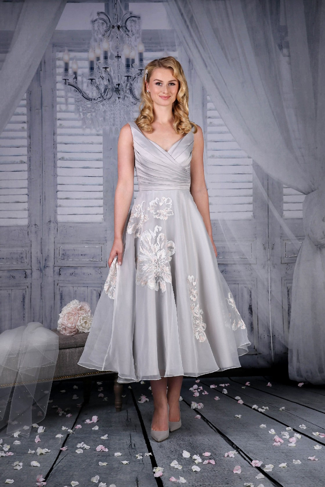 The Jenny tea length wedding dress in platinum
