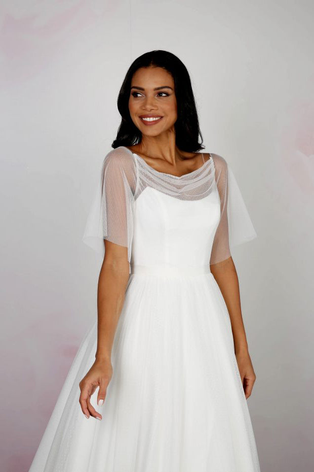 The Lauren, dotty tulle tea length wedding gown with soft flutter sleeves, cinched in waist and full twirly 50's style full skirt | rd-stephanie
