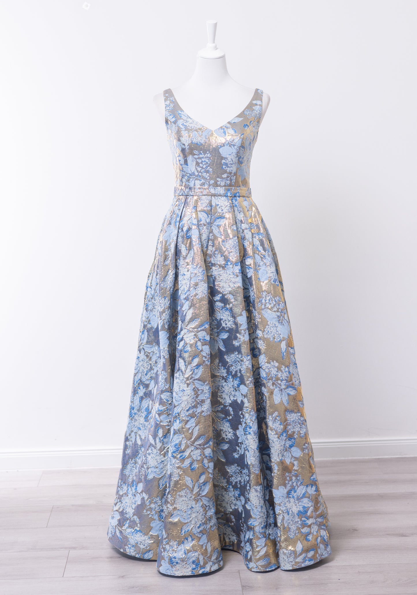 Genevieve – Floral Brocade Pleated Gown Dress in Gold and Sky Blue