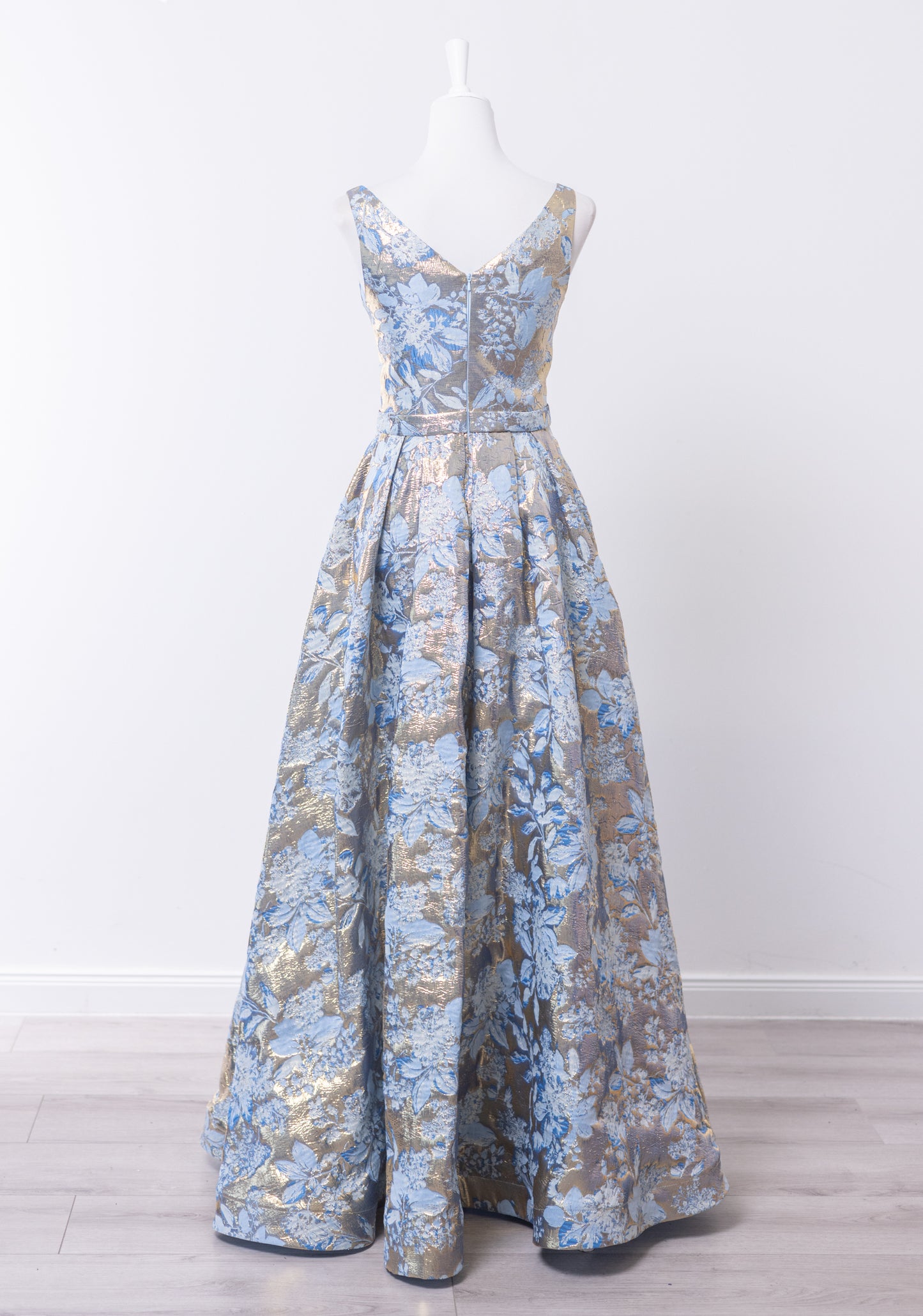Genevieve – Floral Brocade Pleated Gown Dress in Gold and Sky Blue