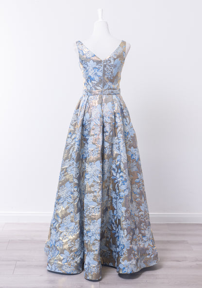 Genevieve – Floral Brocade Pleated Gown Dress in Gold and Sky Blue