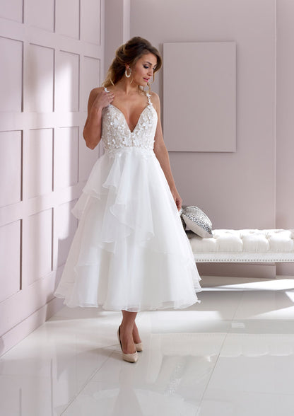 hn-rowan Tea-Length Organza and Lace Appliqué Gown