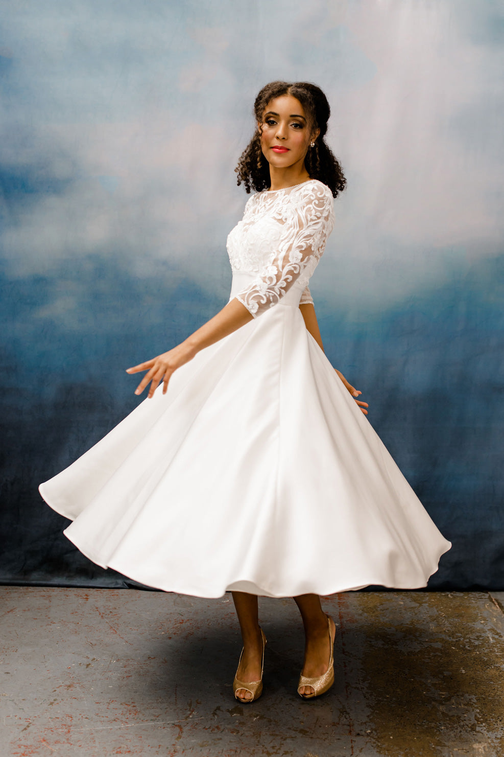 HN-Stella – Tea Length A-Line Mikado Gown with Guipure Appliqué