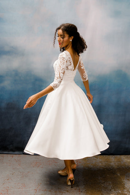 HN-Stella – Tea Length A-Line Mikado Gown with Guipure Appliqué