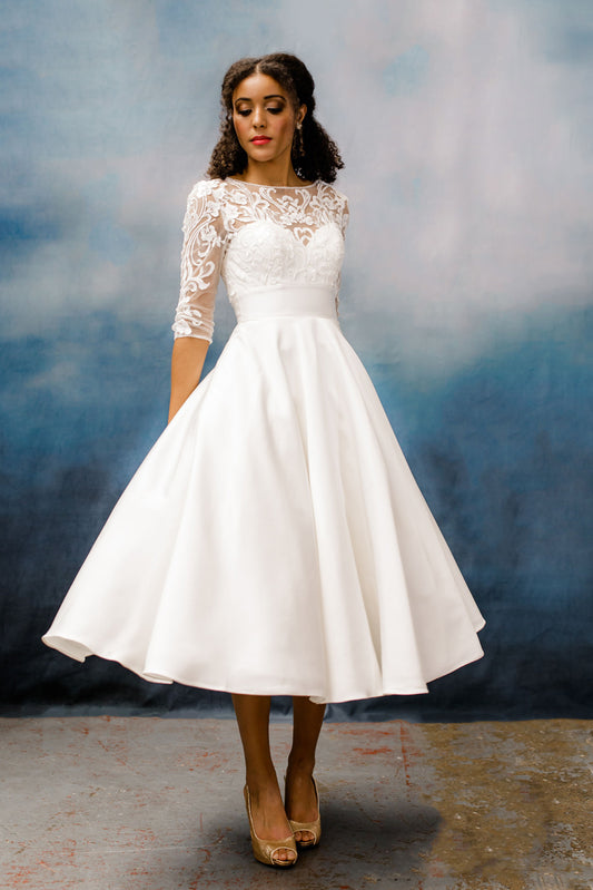 HN-Stella – Tea Length A-Line Mikado Gown with Guipure Appliqué