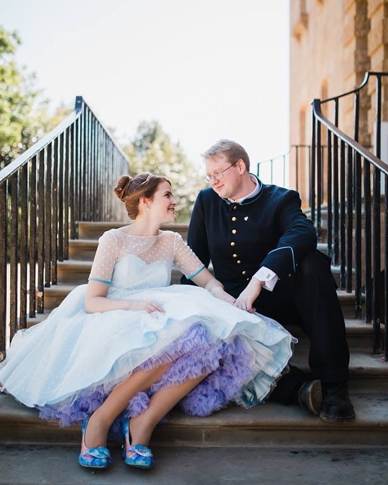 Disney inspired wedding with custom Nellie short wedding dress and purple petticoat 