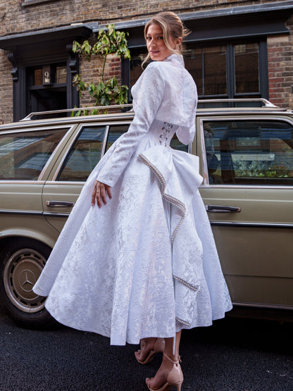 Catherine RB1021 - Brocade Tea Length Wedding Dress with Matching Bolero